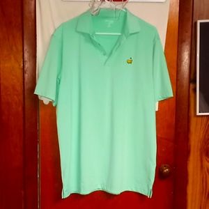 Masters Tech polo shirt. Green and white stripe. Size M